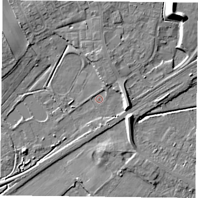 Shaded relief map of the ground around DN75HS, computed from Environment Agency LiDAR. The ground here sits at about 3 m above sea level and falls 12 m across the surrounding 800 m. Surface water reaching this point runs off ground lying to the north-north-east, 3.9 m higher.
