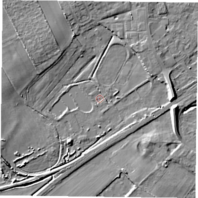 Shaded relief map of the ground around DN75HT, computed from Environment Agency LiDAR. The ground here sits at about 2 m above sea level and falls 9 m across the surrounding 800 m. Surface water reaching this point runs off ground lying to the south-west, 6.7 m higher.