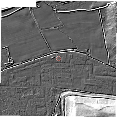 Shaded relief map of the ground around DN75HU, computed from Environment Agency LiDAR. The ground here sits at about 4 m above sea level and falls 34 m across the surrounding 800 m. Surface water reaching this point runs off ground lying to the west, 1.7 m higher.