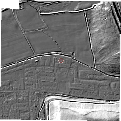 Shaded relief map of the ground around DN75HX, computed from Environment Agency LiDAR. The ground here sits at about 4 m above sea level and falls 34 m across the surrounding 800 m. Surface water reaching this point runs off ground lying to the west-north-west, 0.5 m higher.