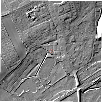 Shaded relief map of the ground around DN75HY, computed from Environment Agency LiDAR. The ground here sits at about 5 m above sea level and falls 12 m across the surrounding 800 m. Surface water reaching this point runs off ground lying to the east-south-east, 3.1 m higher.
