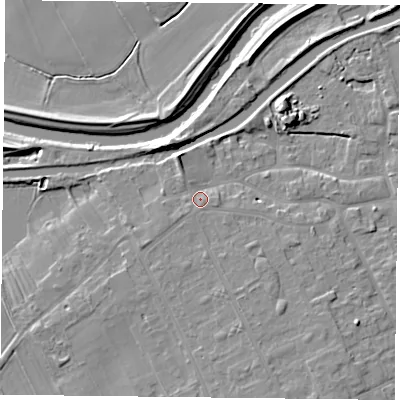Shaded relief map of the ground around DN75JB, computed from Environment Agency LiDAR. The ground here sits at about 6 m above sea level and falls 7 m across the surrounding 800 m. Surface water reaching this point runs off ground lying to the south-south-east, 1.5 m higher.