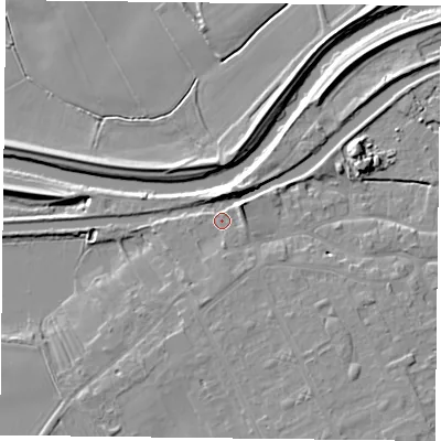 Shaded relief map of the ground around DN75JD, computed from Environment Agency LiDAR. The ground here sits at about 6 m above sea level and falls 7 m across the surrounding 800 m. Surface water reaching this point runs off ground lying to the south, 2.1 m higher.