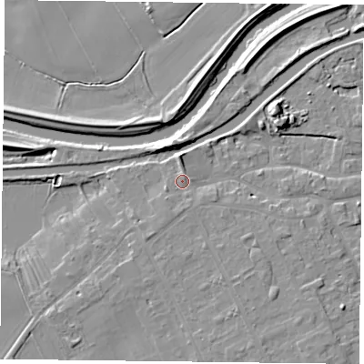 Shaded relief map of the ground around DN75JE, computed from Environment Agency LiDAR. The ground here sits at about 6 m above sea level and falls 7 m across the surrounding 800 m. Surface water reaching this point runs off ground lying to the south, 1.2 m higher.