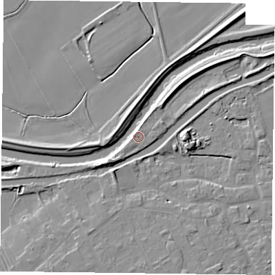 Shaded relief map of the ground around DN75JF, computed from Environment Agency LiDAR. The ground here sits at about 6 m above sea level and falls 8 m across the surrounding 800 m. Surface water reaching this point runs off ground lying to the south-west, 6.2 m higher.