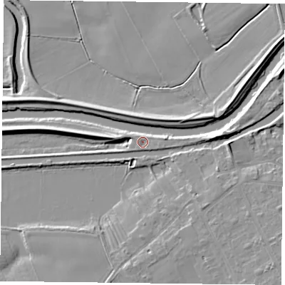 Shaded relief map of the ground around DN75JG, computed from Environment Agency LiDAR. The ground here sits at about 5 m above sea level and falls 7 m across the surrounding 800 m. Surface water reaching this point runs off ground lying to the south-south-west, 0.7 m higher.