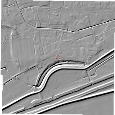 Shaded relief map of the ground around DN75JH, computed from Environment Agency LiDAR. The ground here sits at about 5 m above sea level and falls 6 m across the surrounding 800 m. Surface water reaching this point runs off ground lying to the east-north-east, 0.9 m higher.