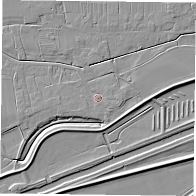 Shaded relief map of the ground around DN75JP, computed from Environment Agency LiDAR. The ground here sits at about 5 m above sea level and falls 6 m across the surrounding 800 m. Surface water reaching this point runs off ground lying to the south-south-west, 1.1 m higher.