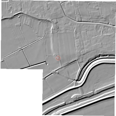 Shaded relief map of the ground around DN75JQ, computed from Environment Agency LiDAR. The ground here sits at about 5 m above sea level and falls 7 m across the surrounding 800 m. Surface water reaching this point runs off ground lying to the north-north-east, 0.7 m higher.