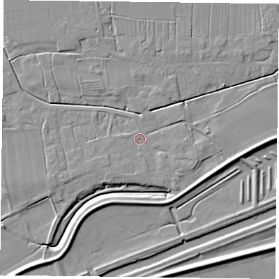Shaded relief map of the ground around DN75JR, computed from Environment Agency LiDAR. The ground here sits at about 4 m above sea level and falls 6 m across the surrounding 800 m. Surface water reaching this point runs off ground lying to the south, 1.7 m higher.