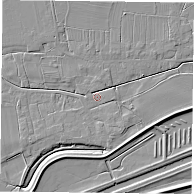 Shaded relief map of the ground around DN75JS, computed from Environment Agency LiDAR. The ground here sits at about 4 m above sea level and falls 6 m across the surrounding 800 m. Surface water reaching this point runs off ground lying to the south-south-east, 5.1 m higher.