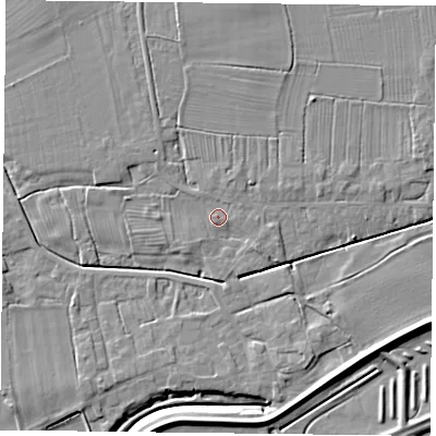Shaded relief map of the ground around DN75JT, computed from Environment Agency LiDAR. The ground here sits at about 4 m above sea level and falls 6 m across the surrounding 800 m. Surface water reaching this point runs off ground lying to the south-east, 1.5 m higher.