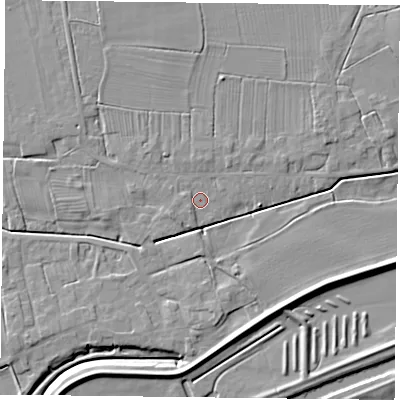 Shaded relief map of the ground around DN75JU, computed from Environment Agency LiDAR. The ground here sits at about 4 m above sea level and falls 6 m across the surrounding 800 m. Surface water reaching this point runs off ground lying to the north, 1.3 m higher.