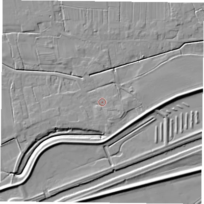 Shaded relief map of the ground around DN75JW, computed from Environment Agency LiDAR. The ground here sits at about 5 m above sea level and falls 6 m across the surrounding 800 m. Surface water reaching this point runs off ground lying to the south-south-east, 1.6 m higher.
