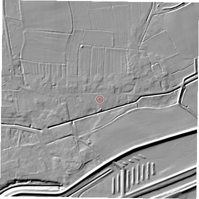 Shaded relief map of the ground around DN75JX, computed from Environment Agency LiDAR. The ground here sits at about 4 m above sea level and falls 6 m across the surrounding 800 m. The ground contributing surface water to this point lies to the north-west.