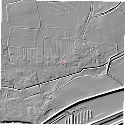 Shaded relief map of the ground around DN75JY, computed from Environment Agency LiDAR. The ground here sits at about 5 m above sea level and falls 5 m across the surrounding 800 m. Surface water reaching this point runs off ground lying to the west, 0.7 m higher.