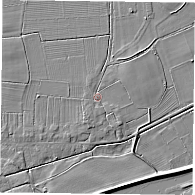 Shaded relief map of the ground around DN75JZ, computed from Environment Agency LiDAR. The ground here sits at about 5 m above sea level and falls 5 m across the surrounding 800 m. Surface water reaching this point runs off ground lying to the south-south-west, 1.7 m higher.