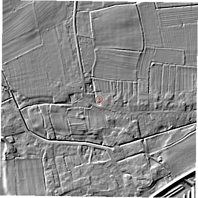 Shaded relief map of the ground around DN75LA, computed from Environment Agency LiDAR. The ground here sits at about 4 m above sea level and falls 5 m across the surrounding 800 m. Surface water reaching this point runs off ground lying to the north, 2.1 m higher.