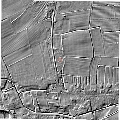 Shaded relief map of the ground around DN75LB, computed from Environment Agency LiDAR. The ground here sits at about 5 m above sea level and falls 4 m across the surrounding 800 m. Surface water reaching this point runs off ground lying to the north-east, 1.0 m higher.