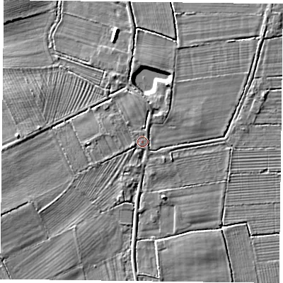 Shaded relief map of the ground around DN75LD, computed from Environment Agency LiDAR. The ground here sits at about 5 m above sea level and falls 5 m across the surrounding 800 m. Surface water reaching this point runs off ground lying to the west-south-west, 1.5 m higher.
