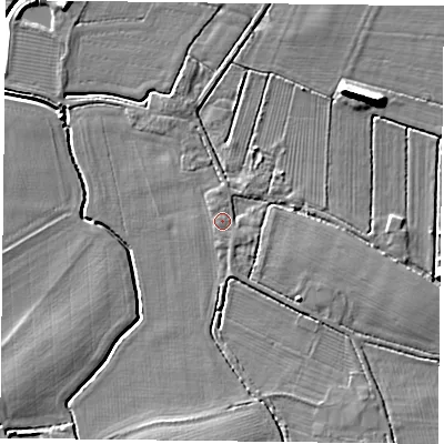 Shaded relief map of the ground around DN75LE, computed from Environment Agency LiDAR. The ground here sits at about 3 m above sea level and falls 9 m across the surrounding 800 m. Surface water reaching this point runs off ground lying to the east-south-east, 1.3 m higher.