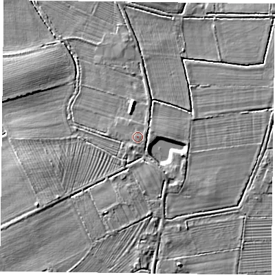 Shaded relief map of the ground around DN75LF, computed from Environment Agency LiDAR. The ground here sits at about 4 m above sea level and falls 5 m across the surrounding 800 m. The ground contributing surface water to this point lies to the east-south-east.