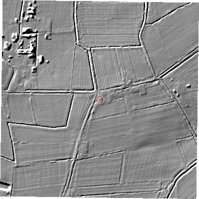 Shaded relief map of the ground around DN75LG, computed from Environment Agency LiDAR. The ground here sits at about 4 m above sea level and falls 6 m across the surrounding 800 m. Surface water reaching this point runs off ground lying to the south-south-west, 1.1 m higher.