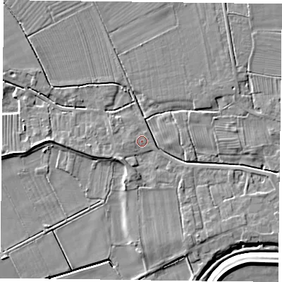 Shaded relief map of the ground around DN75LH, computed from Environment Agency LiDAR. The ground here sits at about 4 m above sea level and falls 6 m across the surrounding 800 m. Surface water reaching this point runs off ground lying to the south-west, 4.0 m higher.