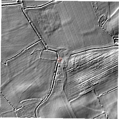 Shaded relief map of the ground around DN75LJ, computed from Environment Agency LiDAR. The ground here sits at about 3 m above sea level and falls 7 m across the surrounding 800 m. Surface water reaching this point runs off ground lying to the south, 3.8 m higher.