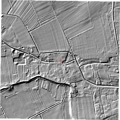 Shaded relief map of the ground around DN75LL, computed from Environment Agency LiDAR. The ground here sits at about 4 m above sea level and falls 5 m across the surrounding 800 m. Surface water reaching this point runs off ground lying to the south, 3.0 m higher.