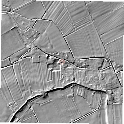 Shaded relief map of the ground around DN75LN, computed from Environment Agency LiDAR. The ground here sits at about 4 m above sea level and falls 5 m across the surrounding 800 m. Surface water reaching this point runs off ground lying to the south-south-east, 3.6 m higher.