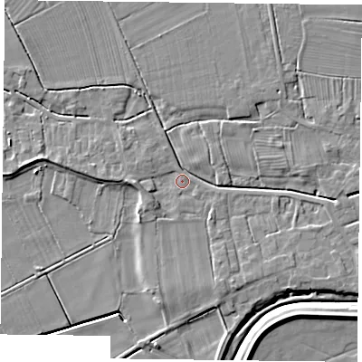 Shaded relief map of the ground around DN75LP, computed from Environment Agency LiDAR. The ground here sits at about 4 m above sea level and falls 6 m across the surrounding 800 m. Surface water reaching this point runs off ground lying to the south-south-east, 4.0 m higher.