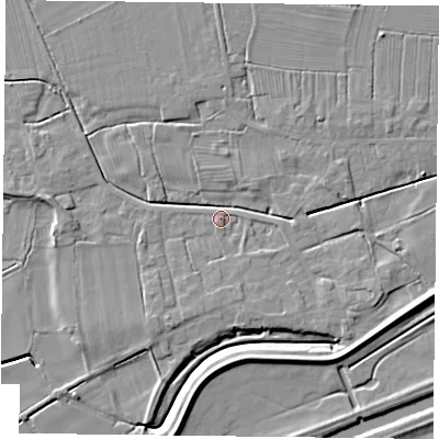 Shaded relief map of the ground around DN75LR, computed from Environment Agency LiDAR. The ground here sits at about 4 m above sea level and falls 6 m across the surrounding 800 m. Surface water reaching this point runs off ground lying to the south-south-east, 3.6 m higher.