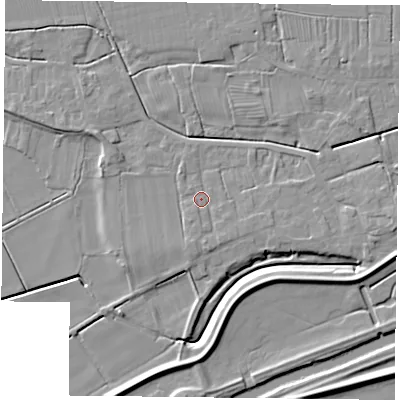 Shaded relief map of the ground around DN75LS, computed from Environment Agency LiDAR. The ground here sits at about 5 m above sea level and falls 6 m across the surrounding 800 m. Surface water reaching this point runs off ground lying to the south, 1.9 m higher.