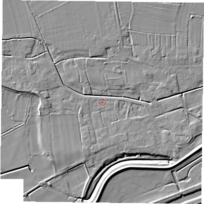 Shaded relief map of the ground around DN75LT, computed from Environment Agency LiDAR. The ground here sits at about 4 m above sea level and falls 6 m across the surrounding 800 m. Surface water reaching this point runs off ground lying to the south-south-east, 3.6 m higher.