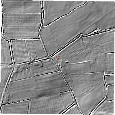 Shaded relief map of the ground around DN75LU, computed from Environment Agency LiDAR. The ground here sits at about 3 m above sea level and falls 5 m across the surrounding 800 m. The ground contributing surface water to this point lies to the south.