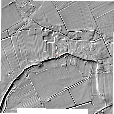 Shaded relief map of the ground around DN75LW, computed from Environment Agency LiDAR. The ground here sits at about 5 m above sea level and falls 6 m across the surrounding 800 m. Surface water reaching this point runs off ground lying to the south-west, 2.5 m higher.
