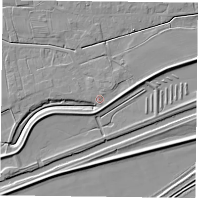 Shaded relief map of the ground around DN75LX, computed from Environment Agency LiDAR. The ground here sits at about 6 m above sea level and falls 6 m across the surrounding 800 m. Surface water reaching this point runs off ground lying to the south-south-east, 1.0 m higher.