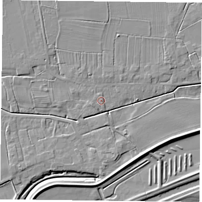 Shaded relief map of the ground around DN75LY, computed from Environment Agency LiDAR. The ground here sits at about 5 m above sea level and falls 6 m across the surrounding 800 m. Surface water reaching this point runs off ground lying to the north-north-east, 1.3 m higher.