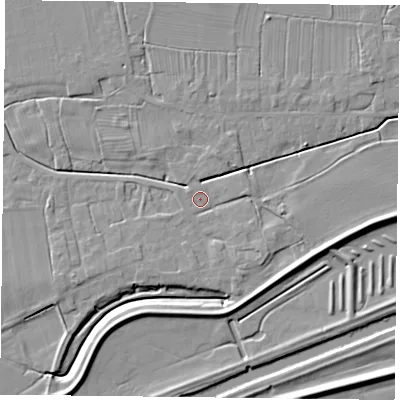 Shaded relief map of the ground around DN75NB, computed from Environment Agency LiDAR. The ground here sits at about 4 m above sea level and falls 6 m across the surrounding 800 m. Surface water reaching this point runs off ground lying to the south-south-east, 3.9 m higher.