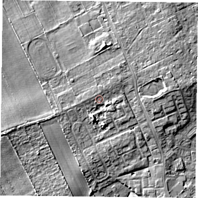 Shaded relief map of the ground around DN75NF, computed from Environment Agency LiDAR. The ground here sits at about 8 m above sea level and falls 9 m across the surrounding 800 m. Surface water reaching this point runs off ground lying to the north-east, 1.5 m higher.