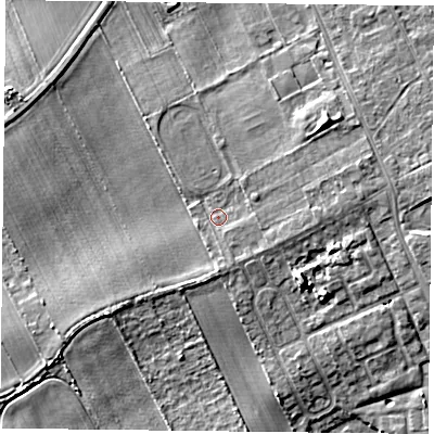 Shaded relief map of the ground around DN75NP, computed from Environment Agency LiDAR. The ground here sits at about 7 m above sea level and falls 7 m across the surrounding 800 m. Surface water reaching this point runs off ground lying to the east-north-east, 2.8 m higher.