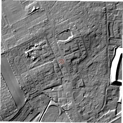 Shaded relief map of the ground around DN75NS, computed from Environment Agency LiDAR. The ground here sits at about 7 m above sea level and falls 13 m across the surrounding 800 m. Surface water reaching this point runs off ground lying to the north-north-east, 2.6 m higher.