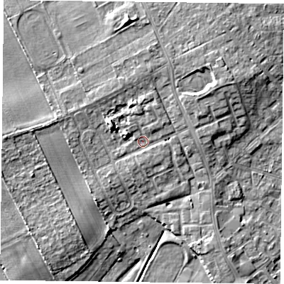 Shaded relief map of the ground around DN75PB, computed from Environment Agency LiDAR. The ground here sits at about 6 m above sea level and falls 9 m across the surrounding 800 m. Surface water reaching this point runs off ground lying to the north-east, 3.8 m higher.