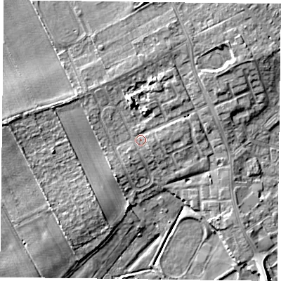Shaded relief map of the ground around DN75PD, computed from Environment Agency LiDAR. The ground here sits at about 6 m above sea level and falls 9 m across the surrounding 800 m. Surface water reaching this point runs off ground lying to the north-east, 4.1 m higher.