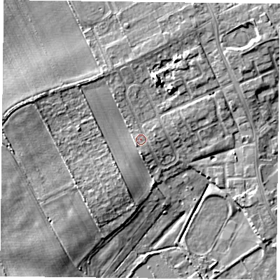 Shaded relief map of the ground around DN75PE, computed from Environment Agency LiDAR. The ground here sits at about 6 m above sea level and falls 9 m across the surrounding 800 m. Surface water reaching this point runs off ground lying to the east-north-east, 0.9 m higher.