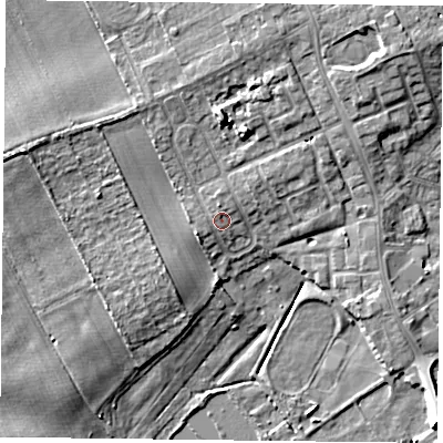 Shaded relief map of the ground around DN75PF, computed from Environment Agency LiDAR. The ground here sits at about 6 m above sea level and falls 9 m across the surrounding 800 m. Surface water reaching this point runs off ground lying to the north-north-east, 1.1 m higher.
