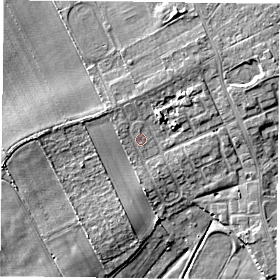 Shaded relief map of the ground around DN75PG, computed from Environment Agency LiDAR. The ground here sits at about 6 m above sea level and falls 9 m across the surrounding 800 m. Surface water reaching this point runs off ground lying to the north-west, 1.7 m higher.