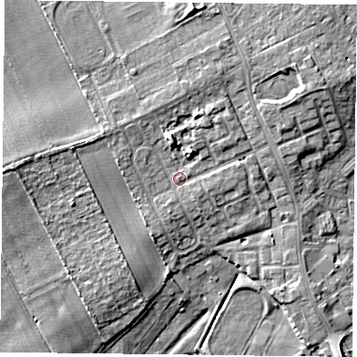 Shaded relief map of the ground around DN75PH, computed from Environment Agency LiDAR. The ground here sits at about 6 m above sea level and falls 10 m across the surrounding 800 m. Surface water reaching this point runs off ground lying to the north-east, 4.2 m higher.