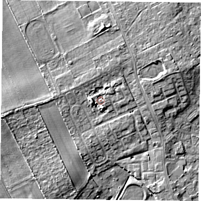 Shaded relief map of the ground around DN75PP, computed from Environment Agency LiDAR. The ground here sits at about 7 m above sea level and falls 9 m across the surrounding 800 m. Surface water reaching this point runs off ground lying to the north-east, 1.5 m higher.
